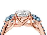 Rose gold Three-Stone Oval Cut Diamond Ring with Round with Aquamarine side stone Pavé Band and Prong Setting_4
