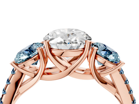 Rose gold Three-Stone Oval Cut Diamond Ring with Round with Aquamarine side stone Pavé Band and Prong Setting_4