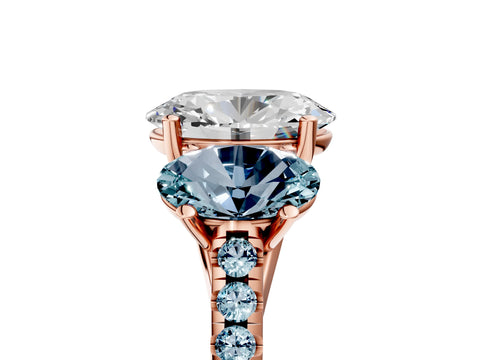 Rose gold Three-Stone Oval Cut Diamond Ring with Round with Aquamarine side stone Pavé Band and Prong Setting_5