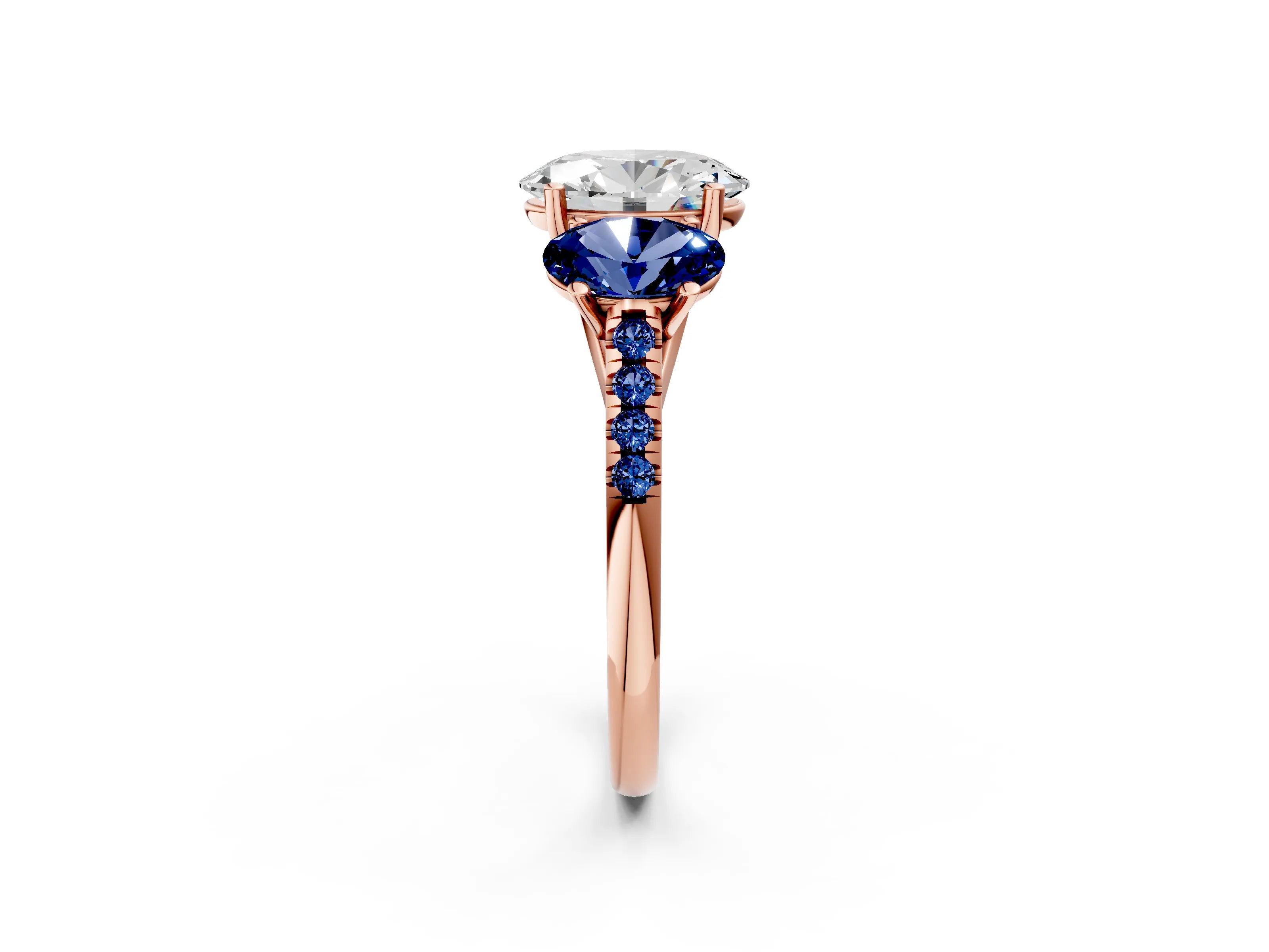 Rose gold Three-Stone Oval Cut Diamond Ring with Round with Blue Sapphire side stone Pavé Band and Prong Setting_2