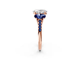 Rose gold Three-Stone Oval Cut Diamond Ring with Round with Blue Sapphire side stone Pavé Band and Prong Setting_2