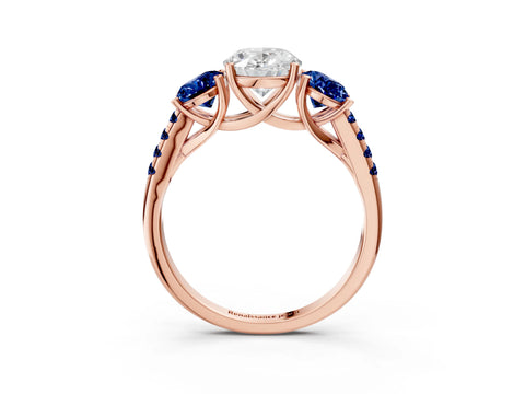 Rose gold Three-Stone Oval Cut Diamond Ring with Round with Blue Sapphire side stone Pavé Band and Prong Setting_3