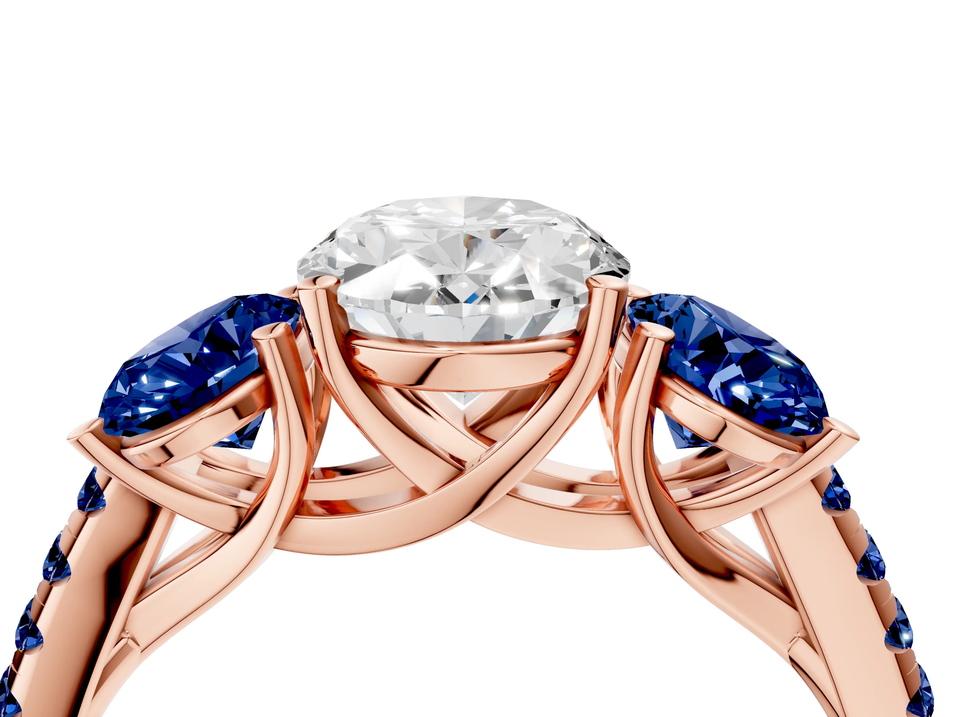 Rose gold Three-Stone Oval Cut Diamond Ring with Round with Blue Sapphire side stone Pavé Band and Prong Setting_4