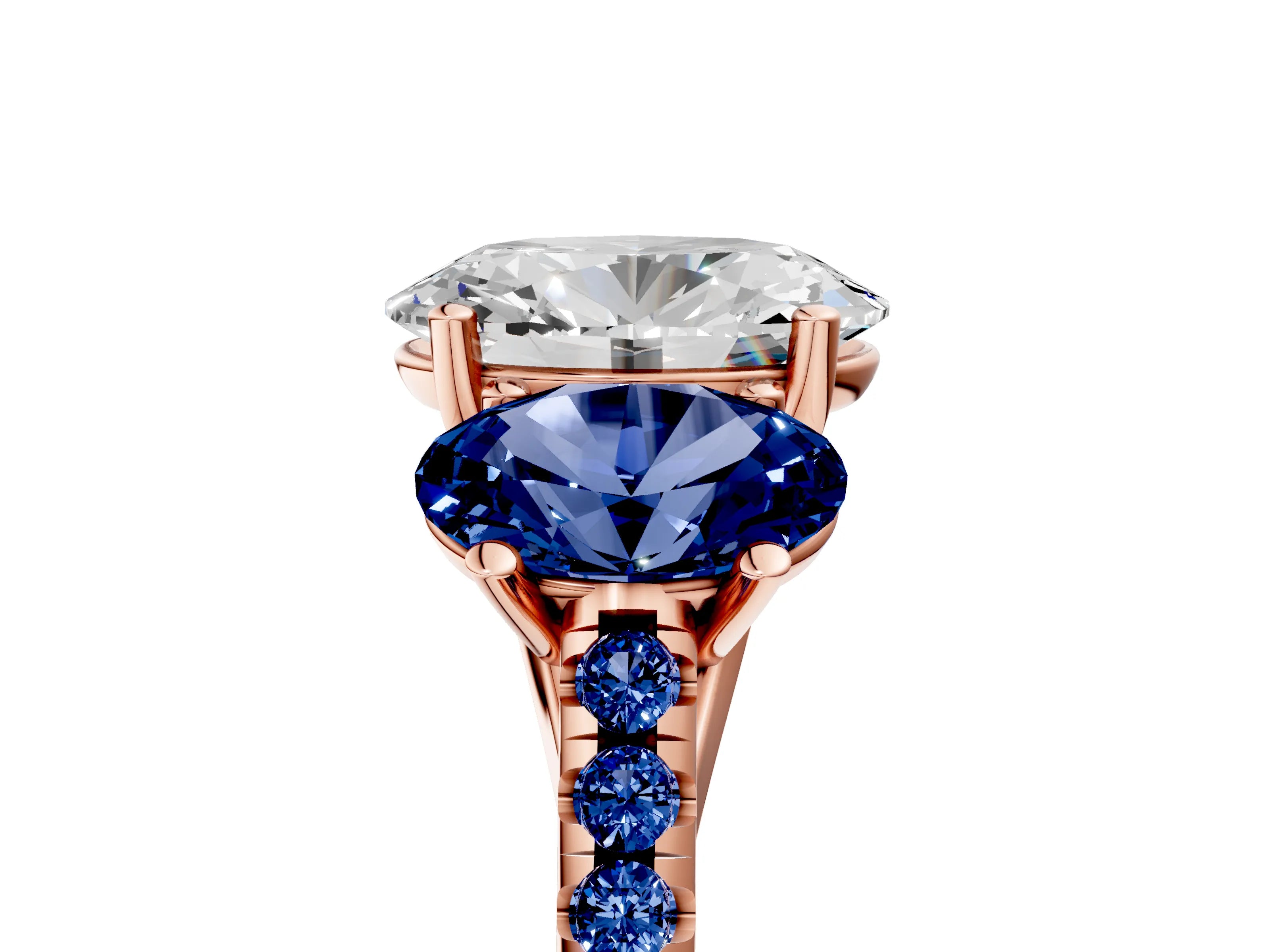 Rose gold Three-Stone Oval Cut Diamond Ring with Round with Blue Sapphire side stone Pavé Band and Prong Setting_5