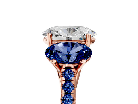 Rose gold Three-Stone Oval Cut Diamond Ring with Round with Blue Sapphire side stone Pavé Band and Prong Setting_5