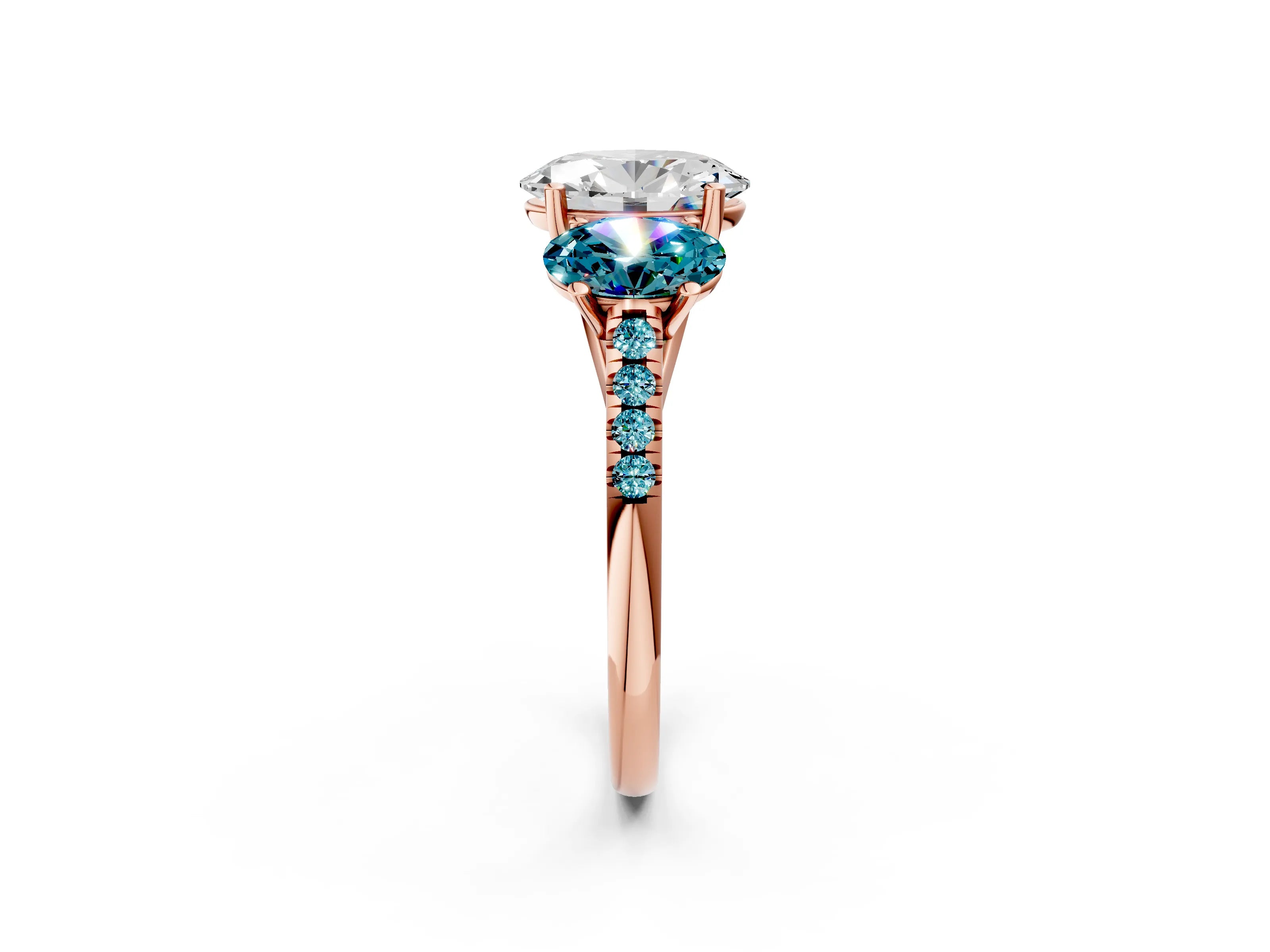 Rose gold Three-Stone Oval Cut Diamond Ring with Round with Blue Topaz side stone Pavé Band and Prong Setting_2