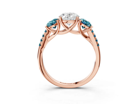 Rose gold Three-Stone Oval Cut Diamond Ring with Round with Blue Topaz side stone Pavé Band and Prong Setting_3