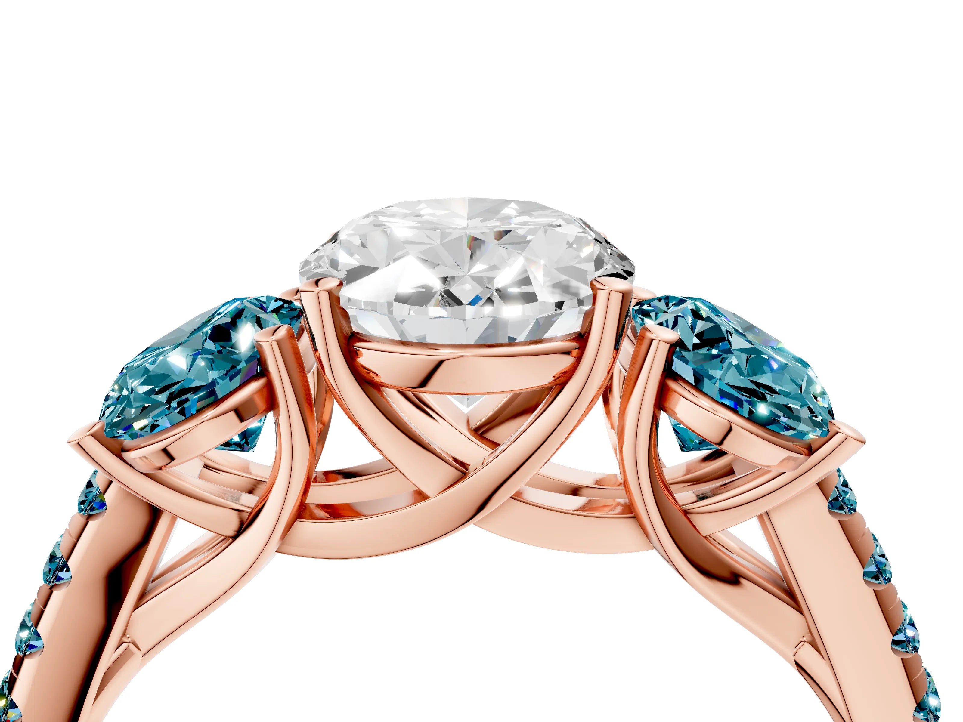 Rose gold Three-Stone Oval Cut Diamond Ring with Round with Blue Topaz side stone Pavé Band and Prong Setting_4