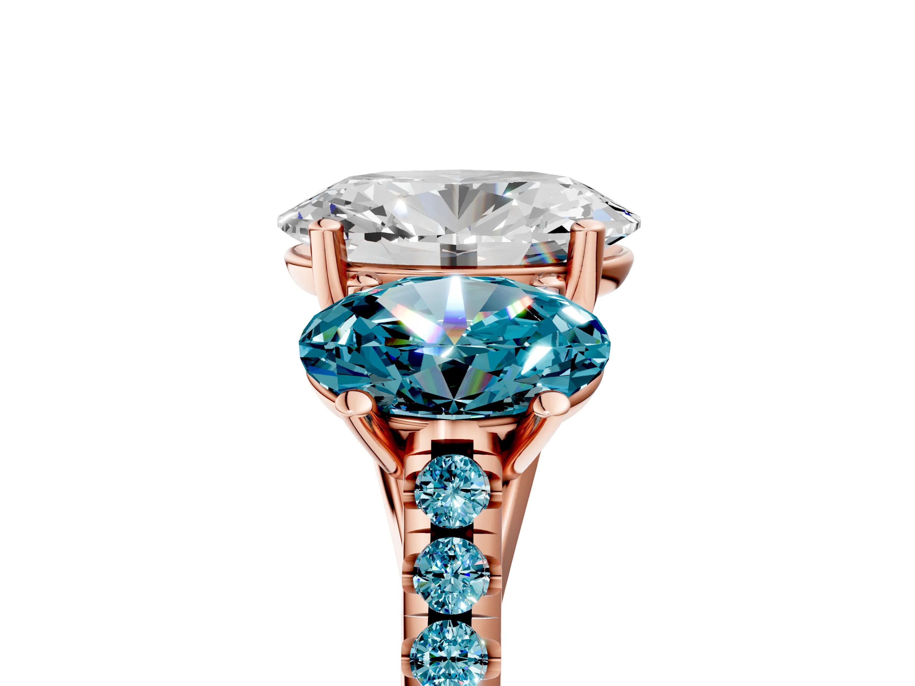 Rose gold Three-Stone Oval Cut Diamond Ring with Round with Blue Topaz side stone Pavé Band and Prong Setting_5