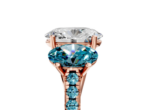 Rose gold Three-Stone Oval Cut Diamond Ring with Round with Blue Topaz side stone Pavé Band and Prong Setting_5