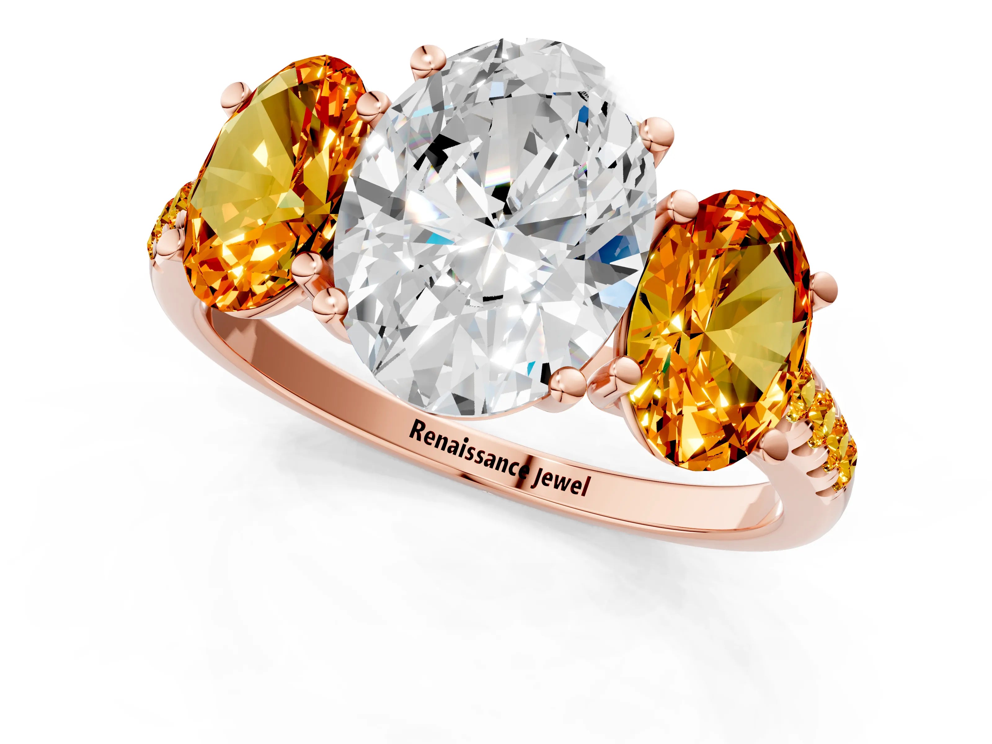 Rose gold Three-Stone Oval Cut Diamond Ring with Round with Citrine side stone Pavé Band and Prong Setting_1