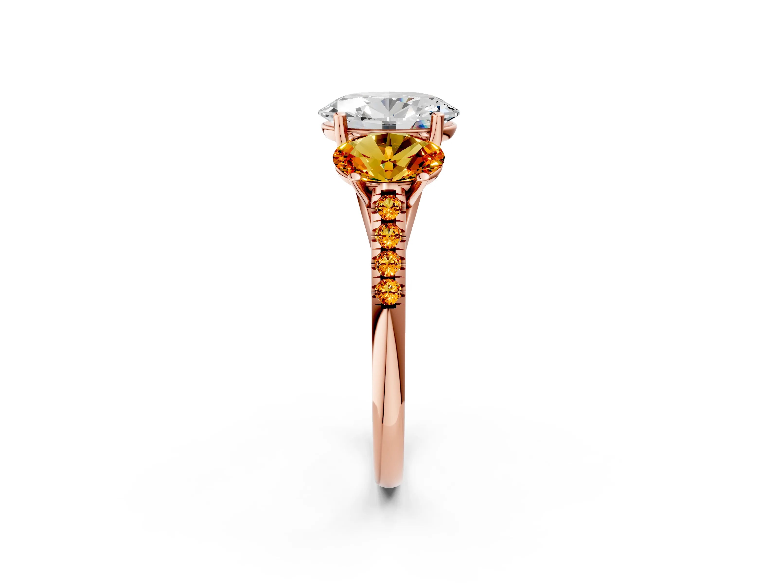 Rose gold Three-Stone Oval Cut Diamond Ring with Round with Citrine side stone Pavé Band and Prong Setting_2