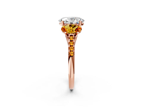 Rose gold Three-Stone Oval Cut Diamond Ring with Round with Citrine side stone Pavé Band and Prong Setting_2