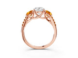 Rose gold Three-Stone Oval Cut Diamond Ring with Round with Citrine side stone Pavé Band and Prong Setting_3