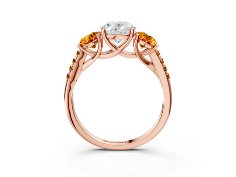 Rose gold Three-Stone Oval Cut Diamond Ring with Round with Citrine side stone Pavé Band and Prong Setting_3