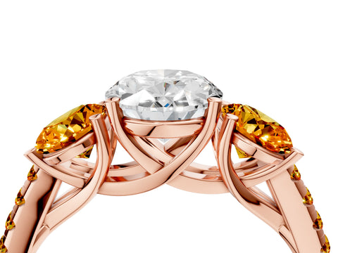 Rose gold Three-Stone Oval Cut Diamond Ring with Round with Citrine side stone Pavé Band and Prong Setting_4