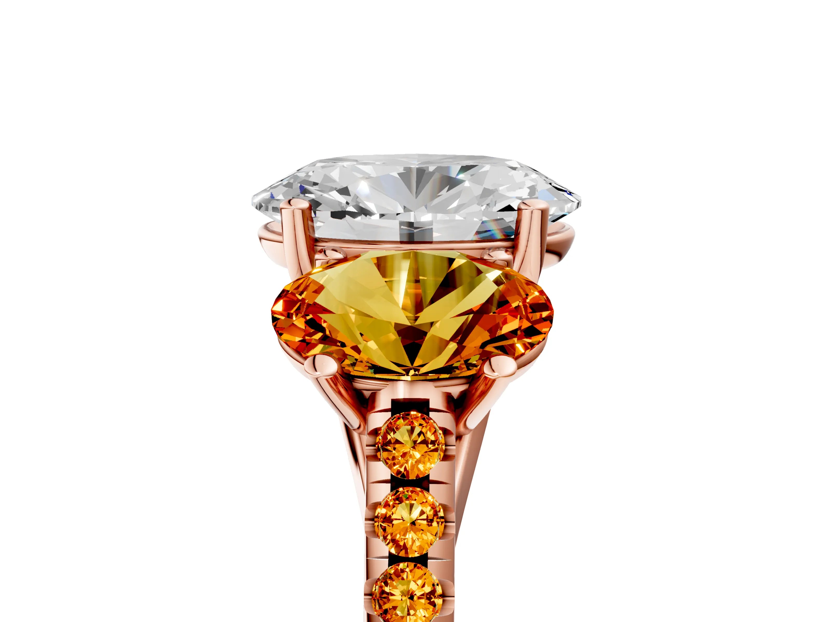 Rose gold Three-Stone Oval Cut Diamond Ring with Round with Citrine side stone Pavé Band and Prong Setting_5