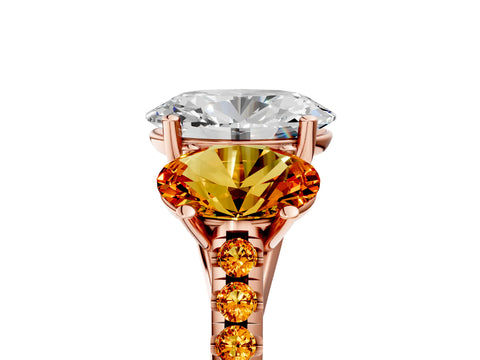 Rose gold Three-Stone Oval Cut Diamond Ring with Round with Citrine side stone Pavé Band and Prong Setting_5