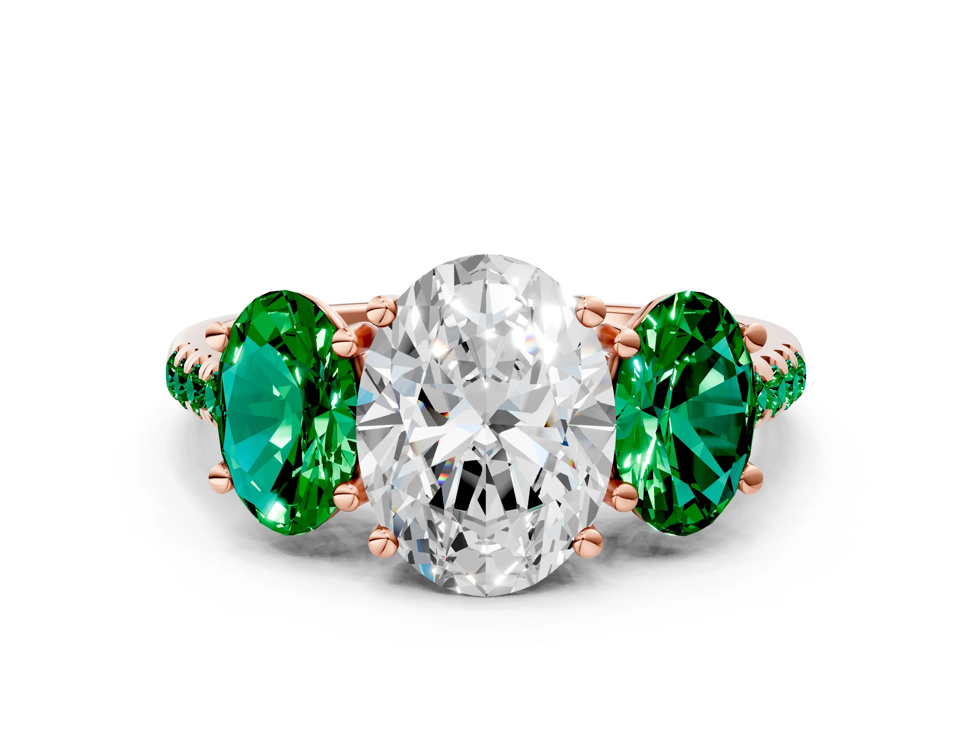 Rose gold Three-Stone Oval Cut Diamond Ring with Round with Emerald side stone Pavé Band and Prong Setting