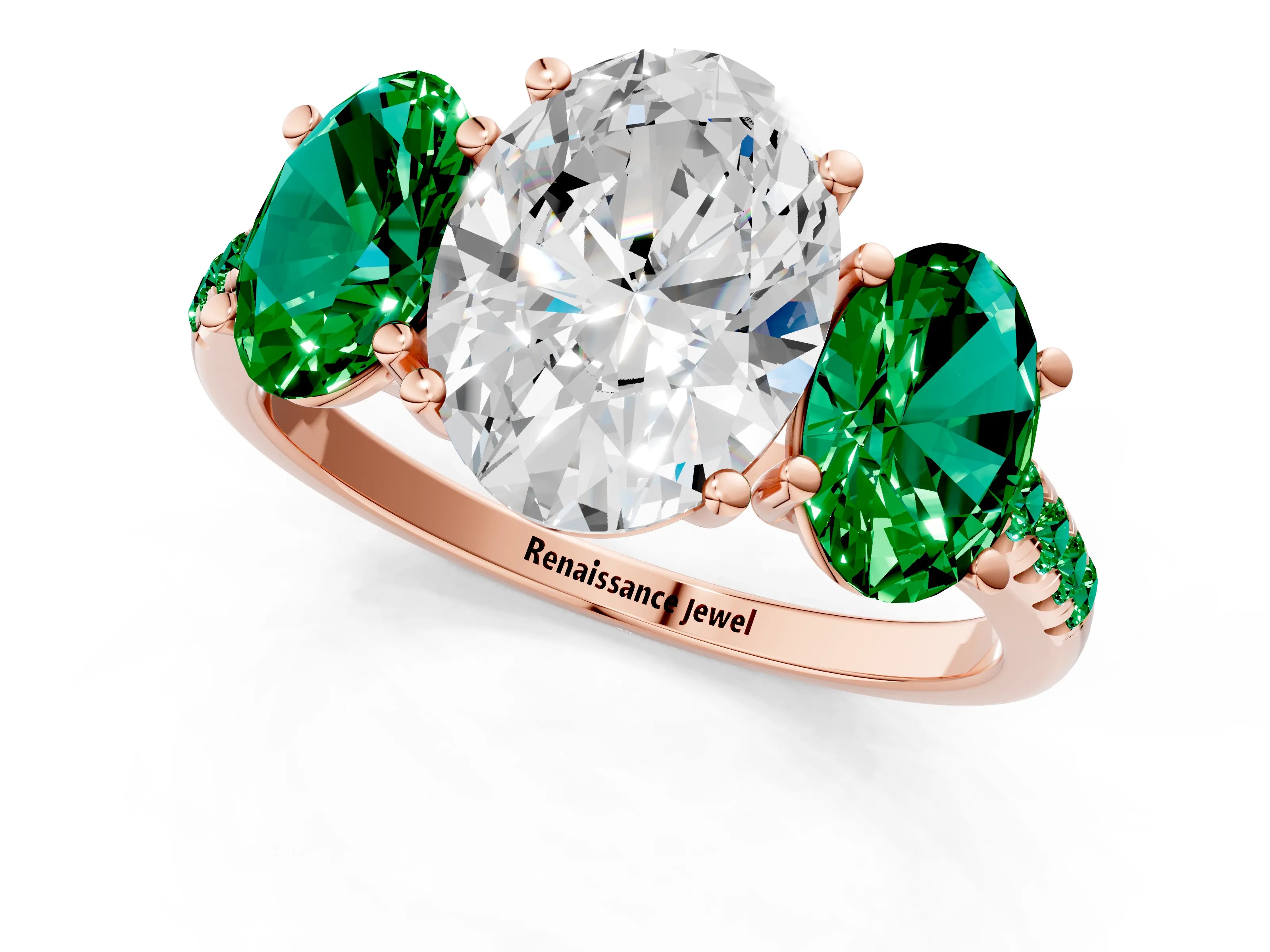 Rose gold Three-Stone Oval Cut Diamond Ring with Round with Emerald side stone Pavé Band and Prong Setting_1