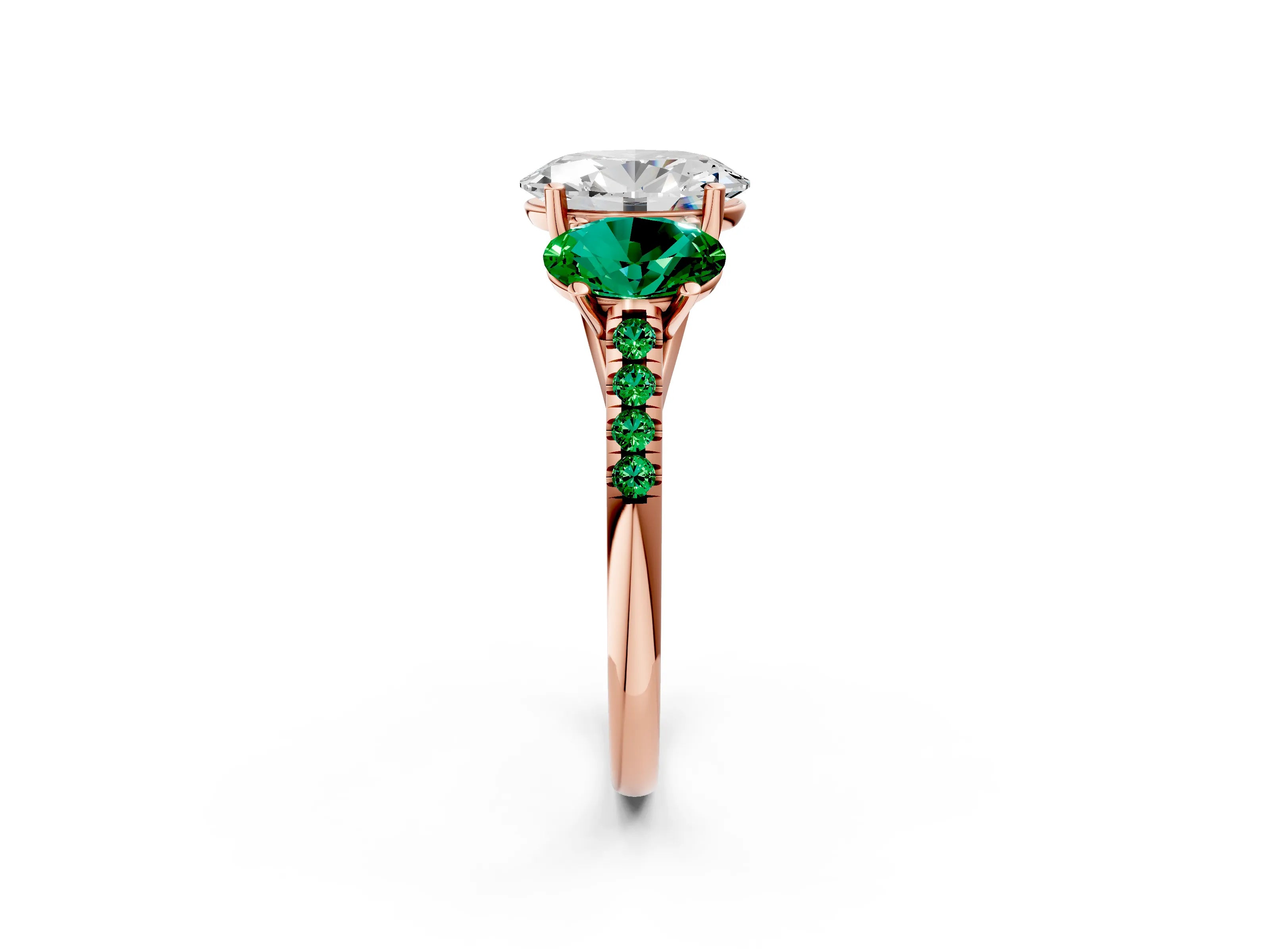 Rose gold Three-Stone Oval Cut Diamond Ring with Round with Emerald side stone Pavé Band and Prong Setting_2