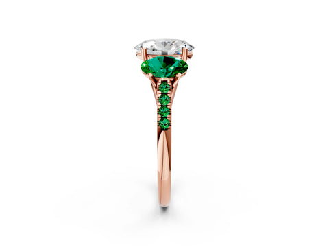 Rose gold Three-Stone Oval Cut Diamond Ring with Round with Emerald side stone Pavé Band and Prong Setting_2