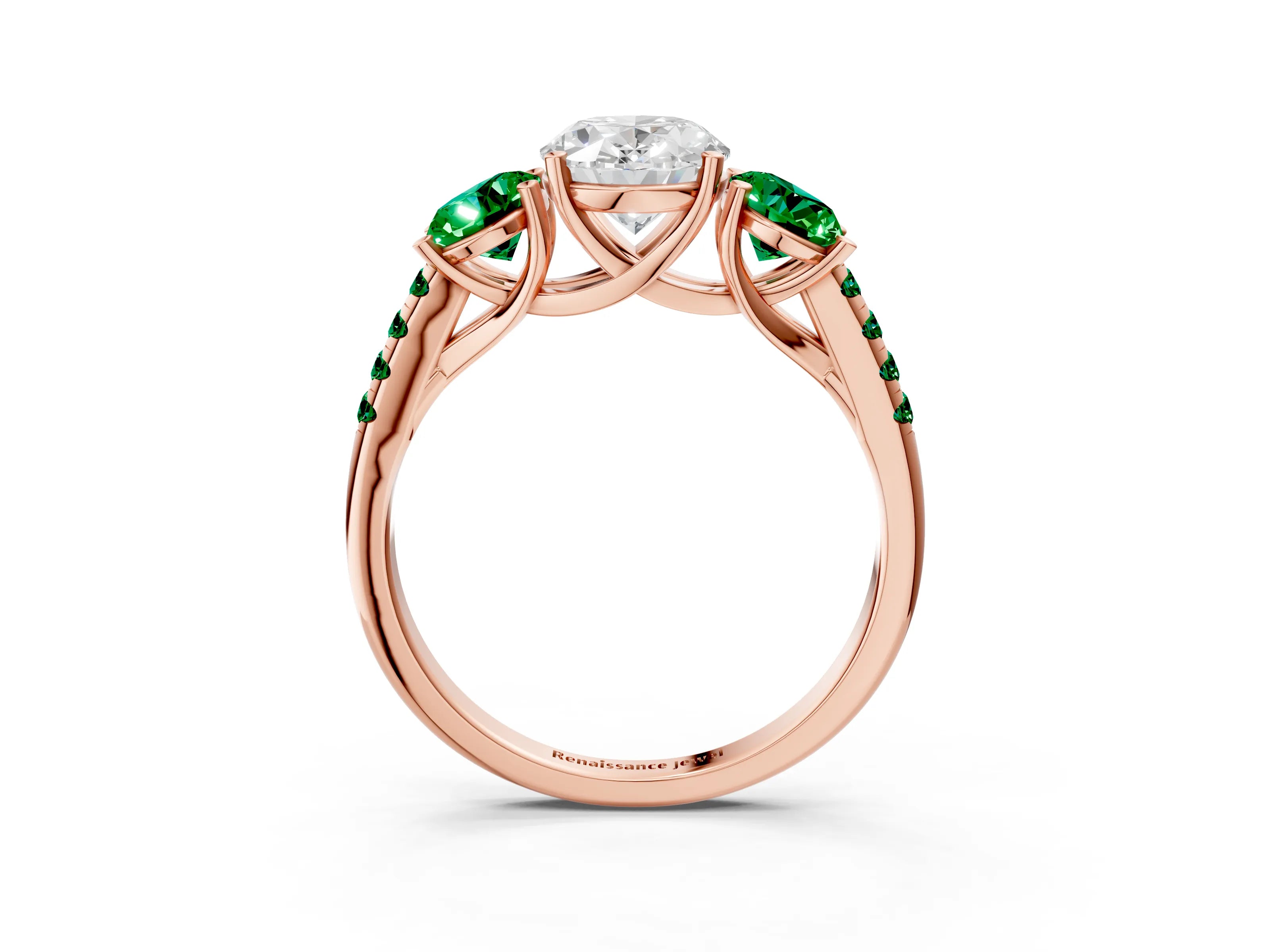 Rose gold Three-Stone Oval Cut Diamond Ring with Round with Emerald side stone Pavé Band and Prong Setting_3