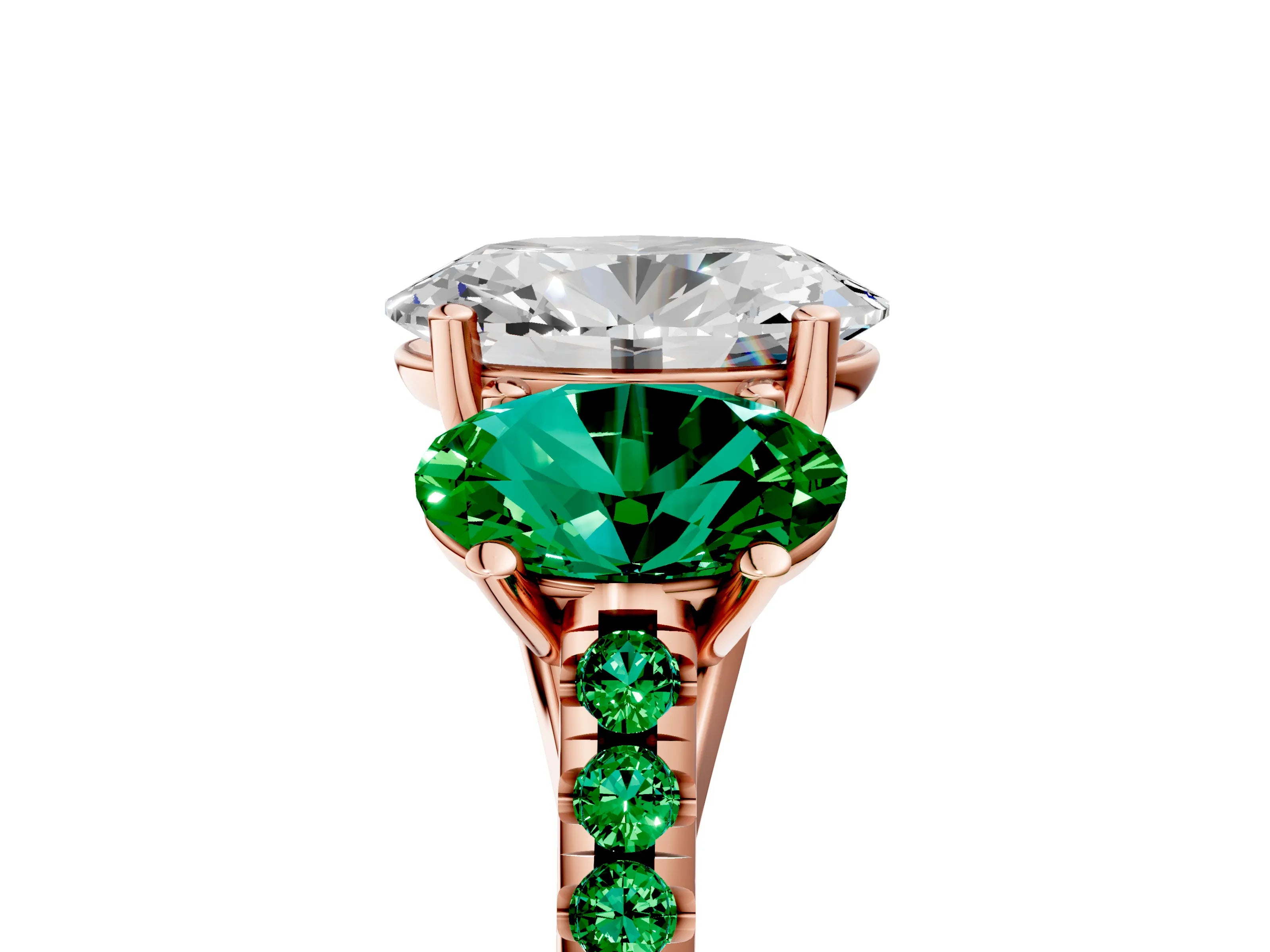 Rose gold Three-Stone Oval Cut Diamond Ring with Round with Emerald side stone Pavé Band and Prong Setting_5