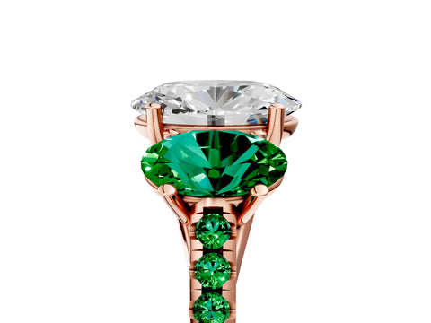 Rose gold Three-Stone Oval Cut Diamond Ring with Round with Emerald side stone Pavé Band and Prong Setting_5