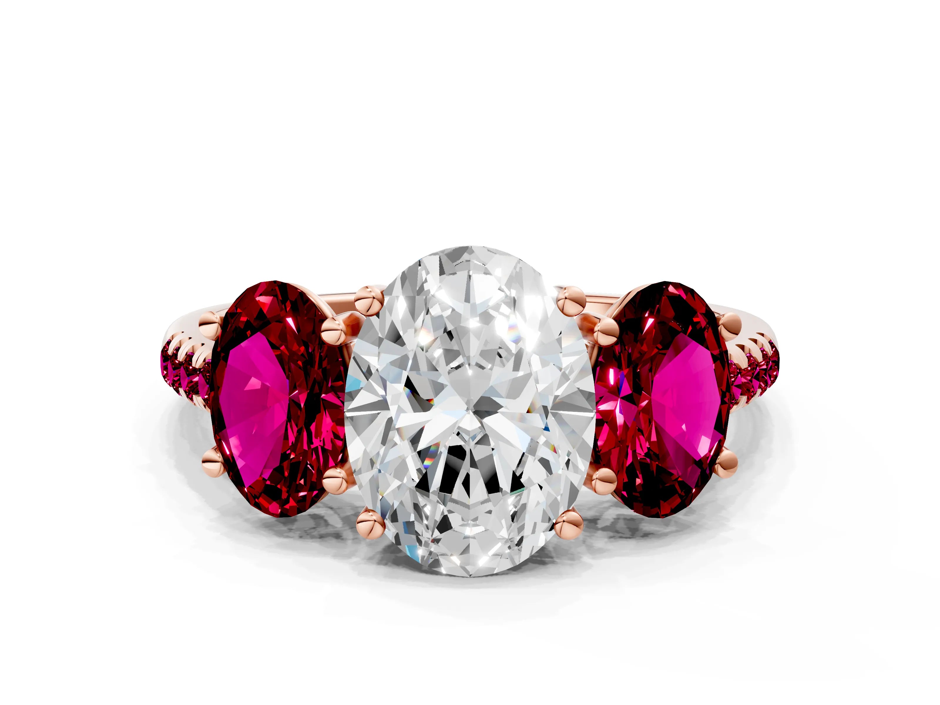 Rose gold Three-Stone Oval Cut Diamond Ring with Round with Garnet side stone Pavé Band and Prong Setting