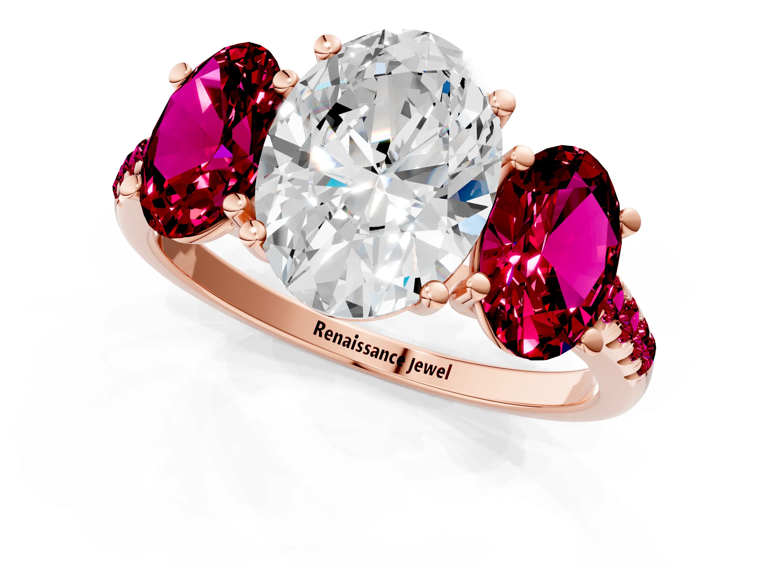 Rose gold Three-Stone Oval Cut Diamond Ring with Round with Garnet side stone Pavé Band and Prong Setting_1