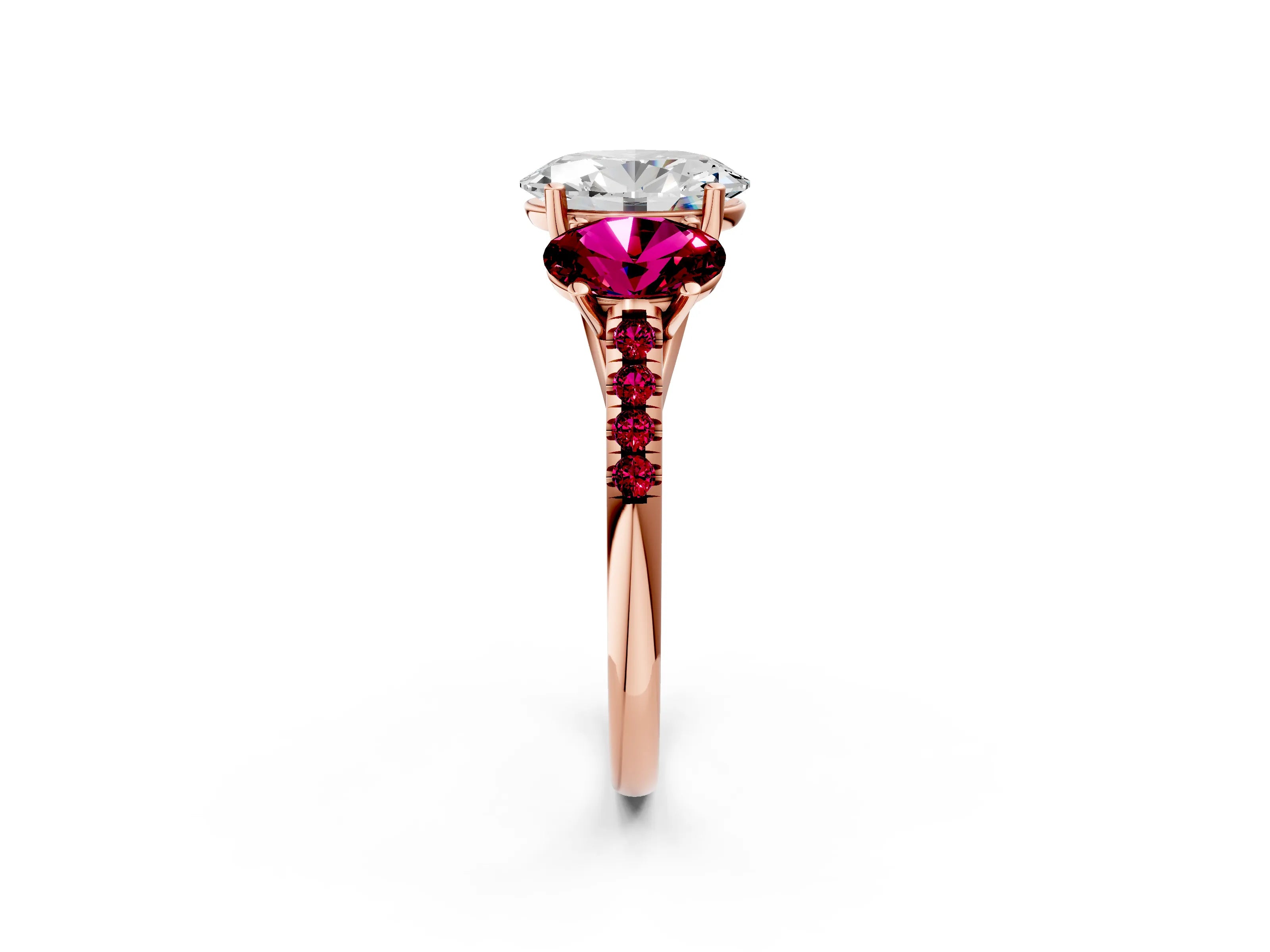 Rose gold Three-Stone Oval Cut Diamond Ring with Round with Garnet side stone Pavé Band and Prong Setting_2