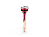 Rose gold Three-Stone Oval Cut Diamond Ring with Round with Garnet side stone Pavé Band and Prong Setting_2