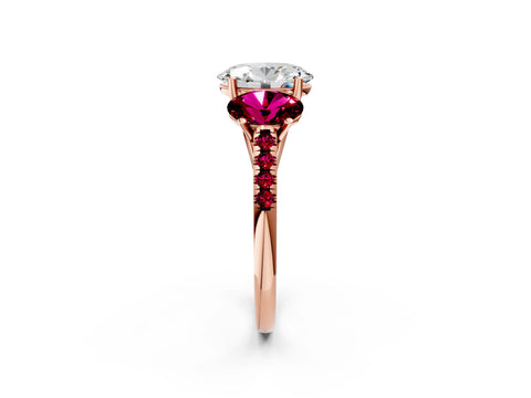 Rose gold Three-Stone Oval Cut Diamond Ring with Round with Garnet side stone Pavé Band and Prong Setting_2