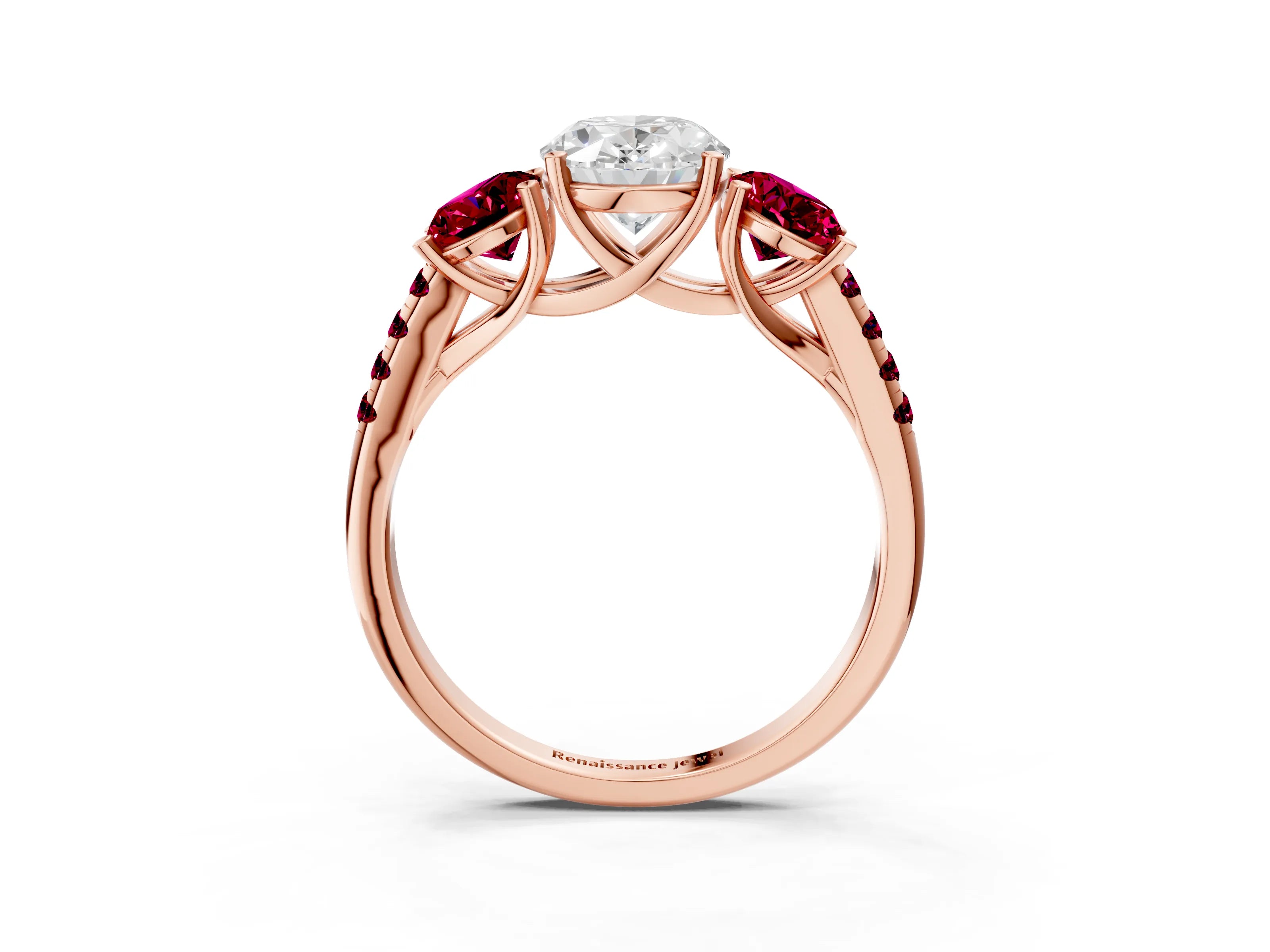 Rose gold Three-Stone Oval Cut Diamond Ring with Round with Garnet side stone Pavé Band and Prong Setting_3