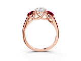 Rose gold Three-Stone Oval Cut Diamond Ring with Round with Garnet side stone Pavé Band and Prong Setting_3