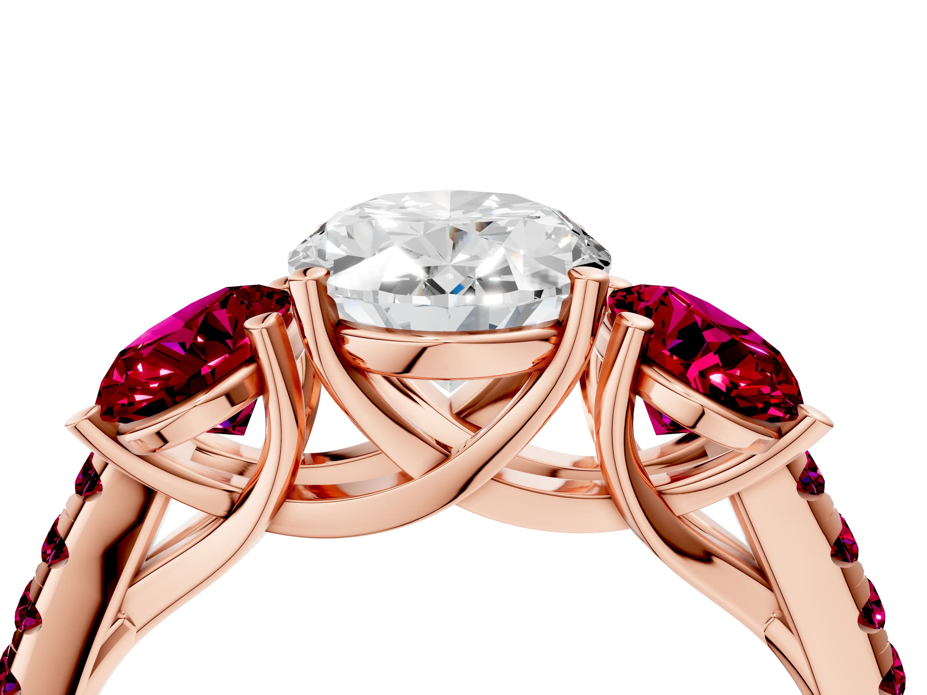 Rose gold Three-Stone Oval Cut Diamond Ring with Round with Garnet side stone Pavé Band and Prong Setting_4