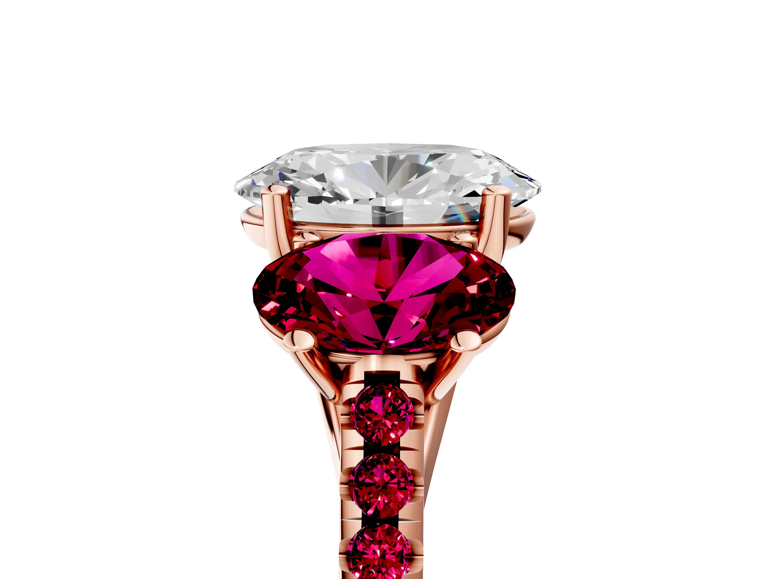 Rose gold Three-Stone Oval Cut Diamond Ring with Round with Garnet side stone Pavé Band and Prong Setting_5