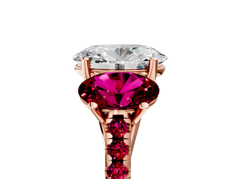 Rose gold Three-Stone Oval Cut Diamond Ring with Round with Garnet side stone Pavé Band and Prong Setting_5