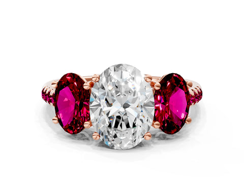 Rose gold Three-Stone Oval Cut Diamond Ring with Round with Garnet side stone Pavé Band and Prong Setting