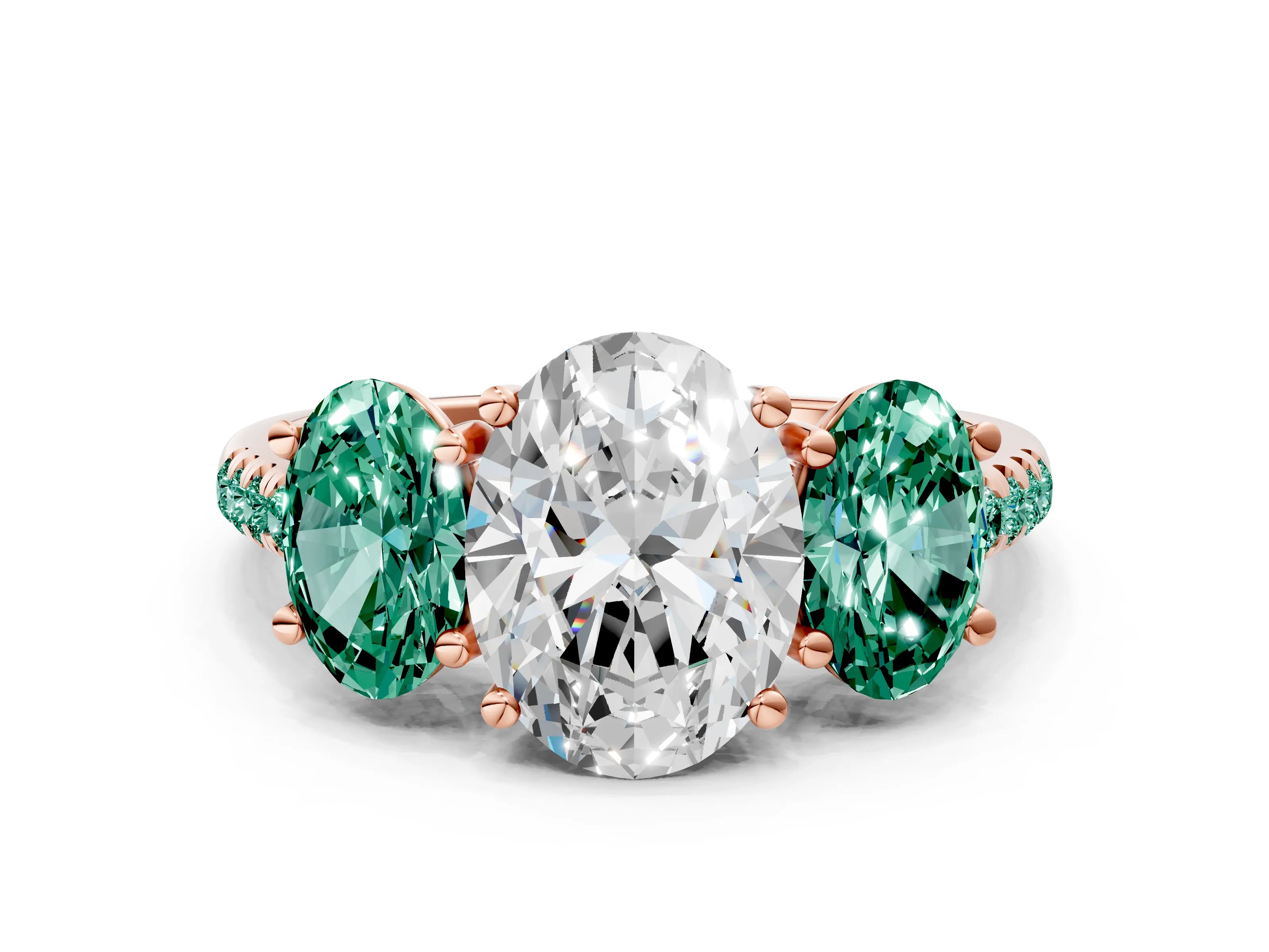 Rose gold Three-Stone Oval Cut Diamond Ring with Round with Green Sapphire side stone Pavé Band and Prong Setting