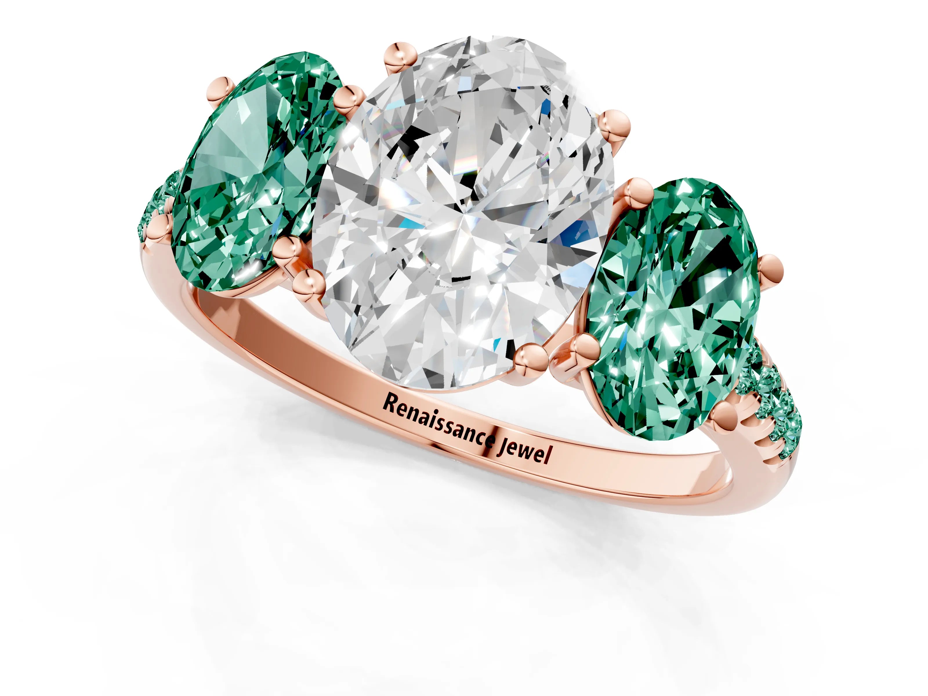 Rose gold Three-Stone Oval Cut Diamond Ring with Round with Green Sapphire side stone Pavé Band and Prong Setting_1