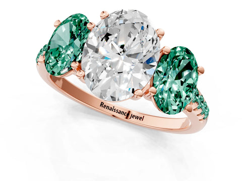 Rose gold Three-Stone Oval Cut Diamond Ring with Round with Green Sapphire side stone Pavé Band and Prong Setting_1