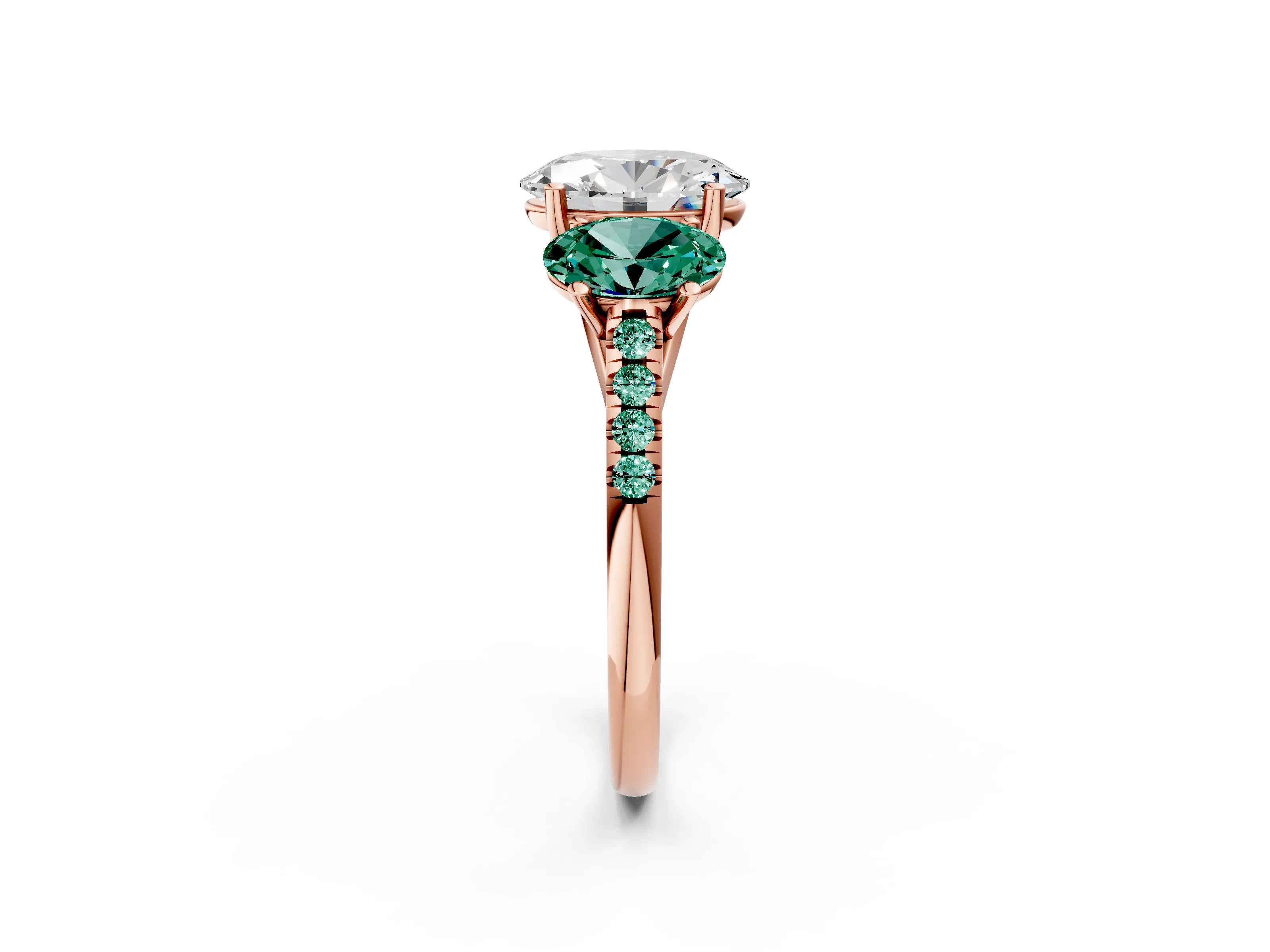Rose gold Three-Stone Oval Cut Diamond Ring with Round with Green Sapphire side stone Pavé Band and Prong Setting_2
