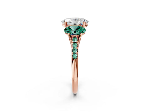 Rose gold Three-Stone Oval Cut Diamond Ring with Round with Green Sapphire side stone Pavé Band and Prong Setting_2