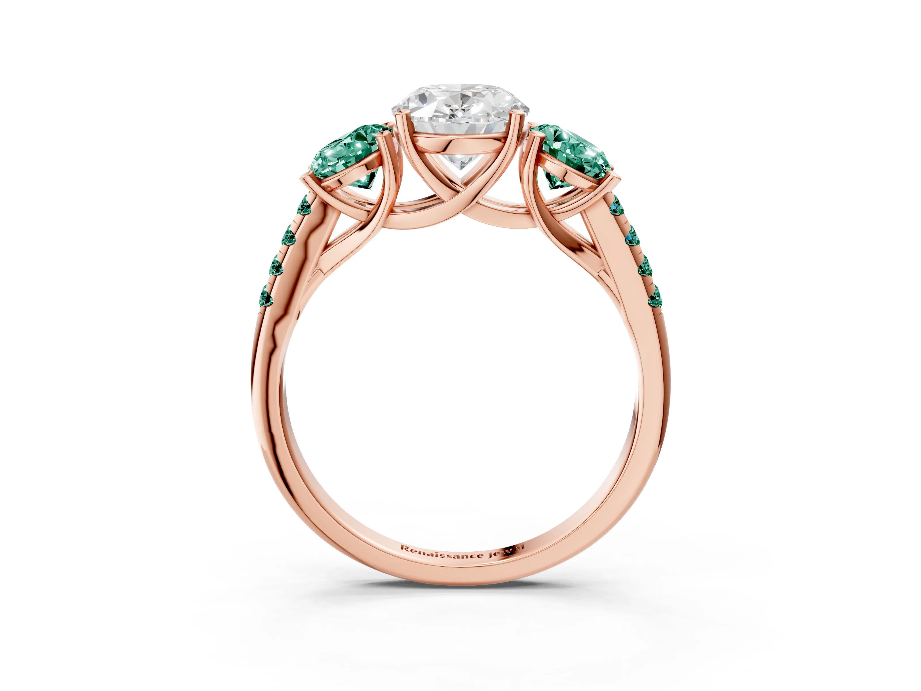 Rose gold Three-Stone Oval Cut Diamond Ring with Round with Green Sapphire side stone Pavé Band and Prong Setting_3