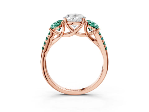 Rose gold Three-Stone Oval Cut Diamond Ring with Round with Green Sapphire side stone Pavé Band and Prong Setting_3