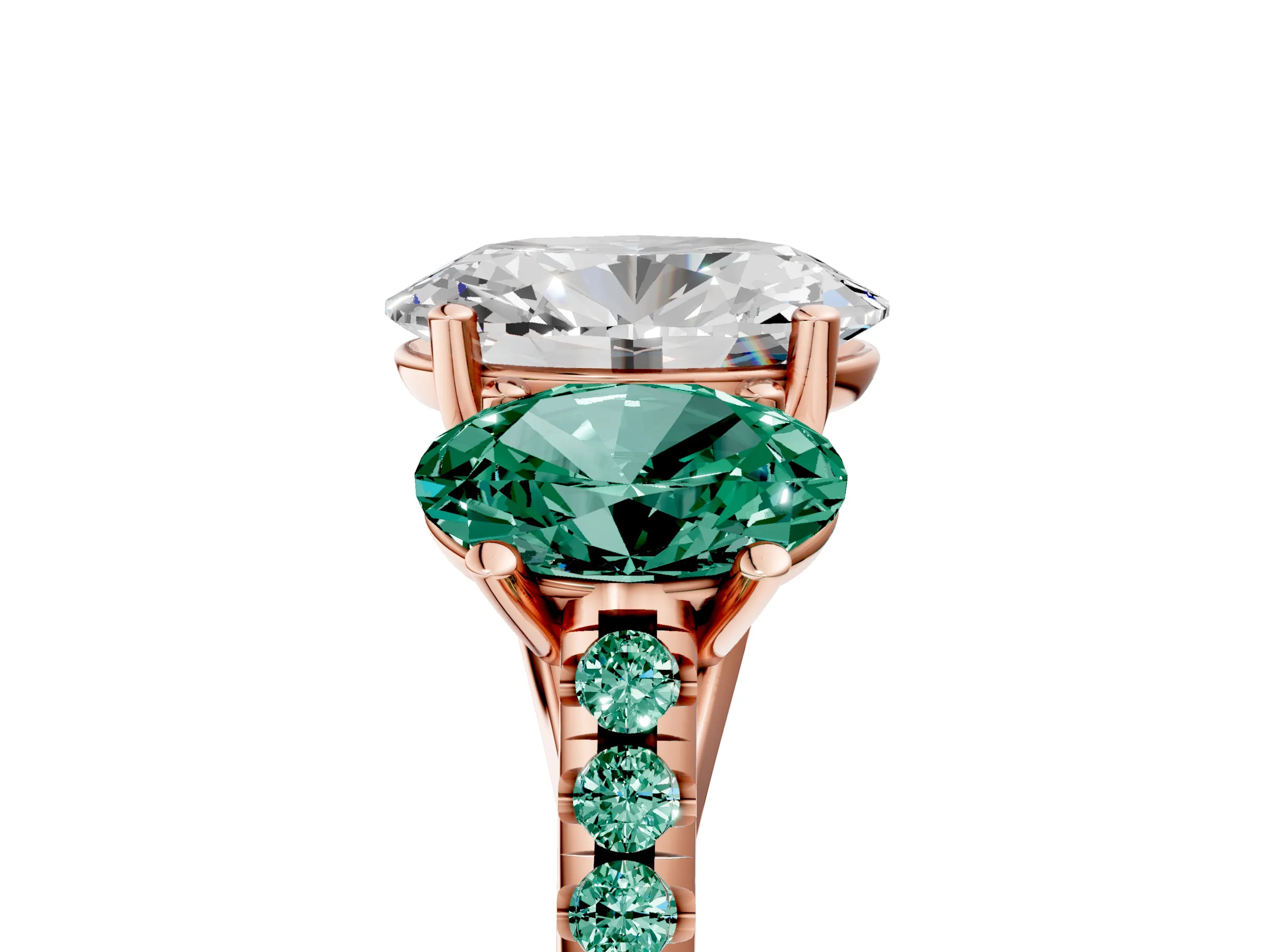 Rose gold Three-Stone Oval Cut Diamond Ring with Round with Green Sapphire side stone Pavé Band and Prong Setting_5
