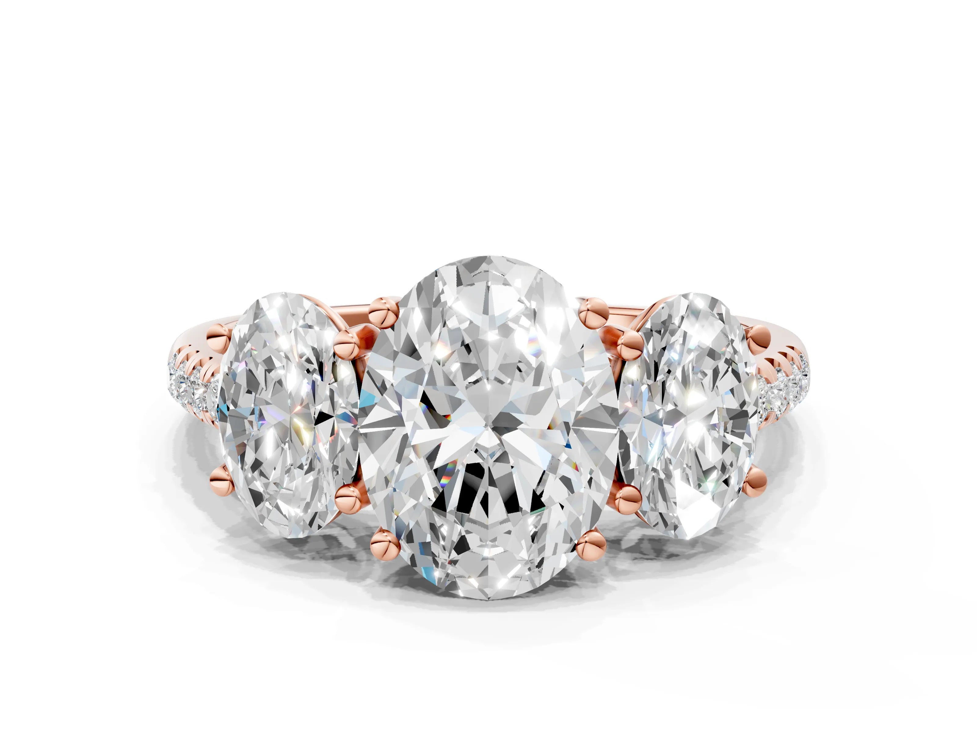 Rose gold Three-Stone Oval Cut Diamond Ring with Round with Moissanite side stone Pavé Band and Prong Setting