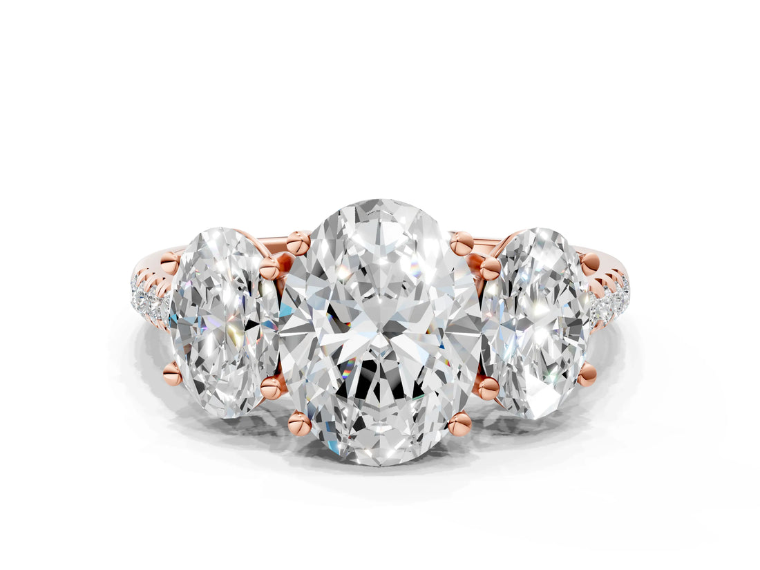 Rose gold Three-Stone Oval Cut Diamond Ring with Round with Moissanite side stone Pavé Band and Prong Setting